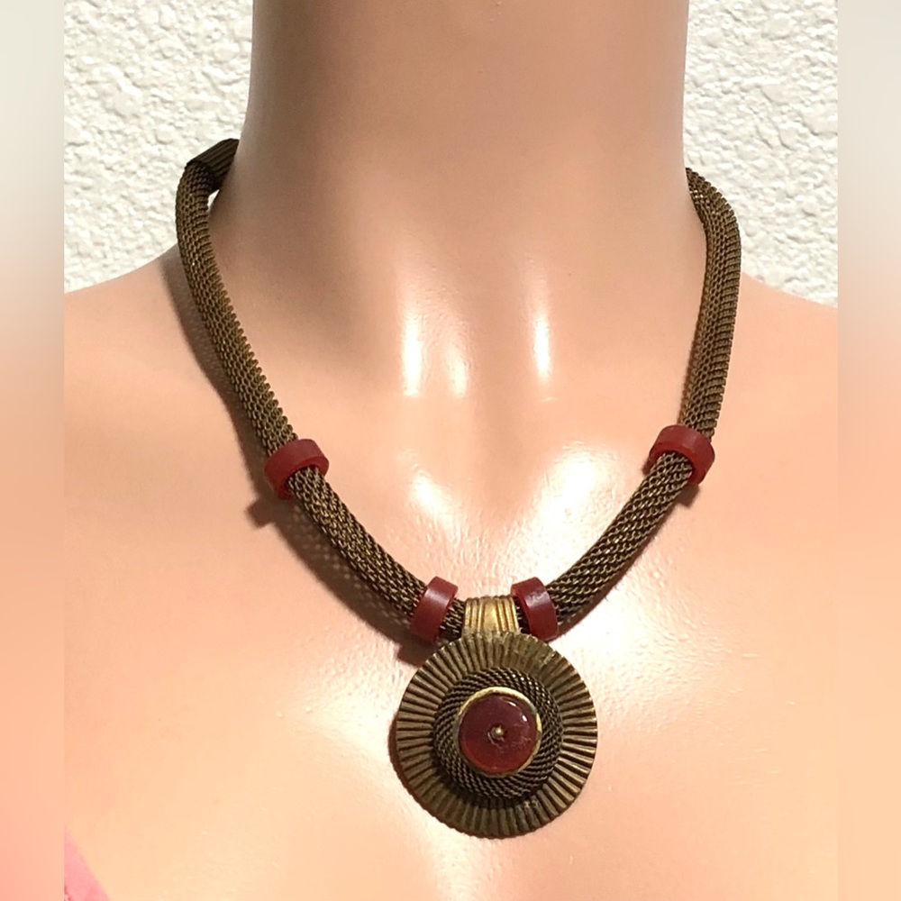 Gold-Tone Mesh Necklace with Red Accents
